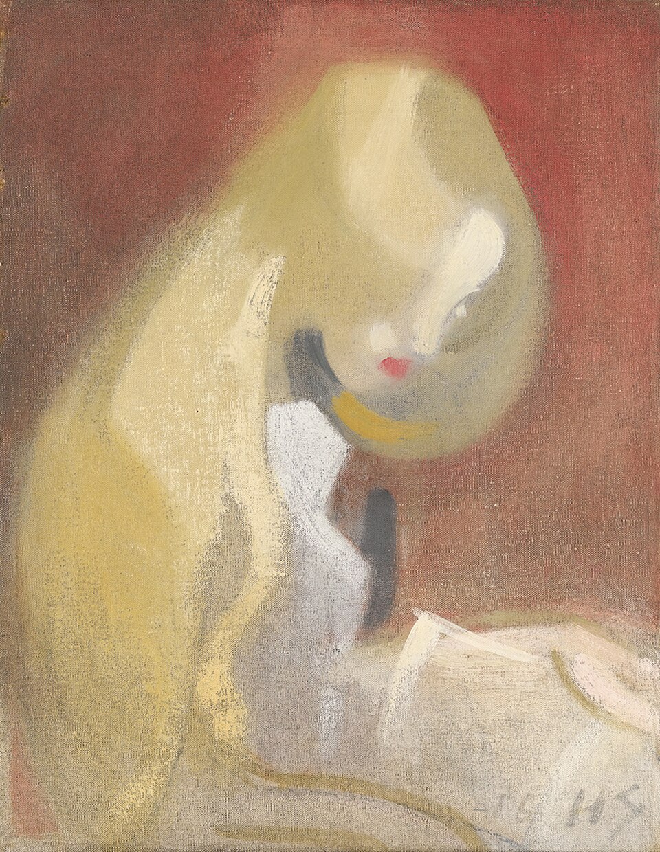 An eerie portrait of a pale girl with flowing blonde hair. Her head is tilted down toward a book and her eyes are hidden from the viewer.